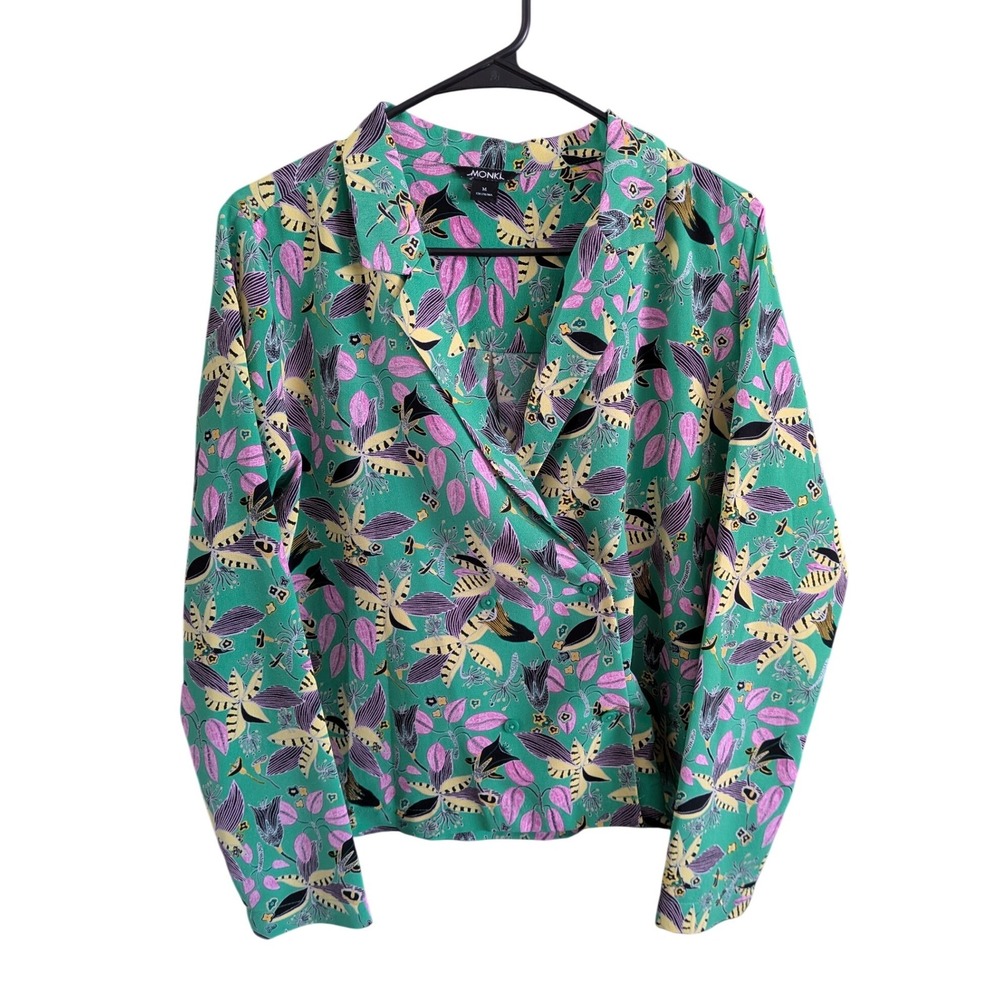 Monki Oversized‎ Collared Double Breasted Blouse Green Pink Floral Medium